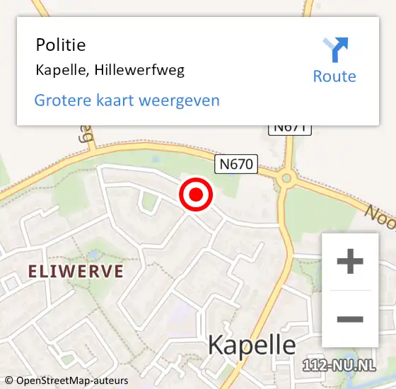 Locatie op kaart van de 112 melding: Politie Kapelle, Hillewerfweg op 25 juli 2014 16:13