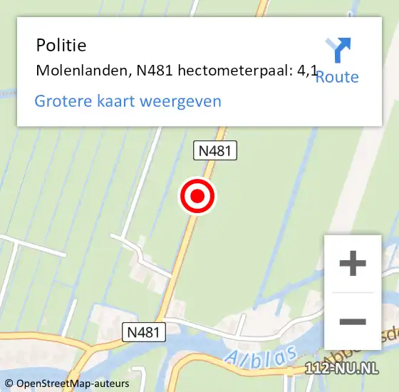 Locatie op kaart van de 112 melding: Politie Molenlanden, N481 hectometerpaal: 4,1 op 8 augustus 2022 06:13