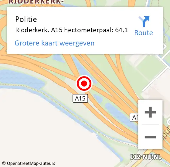 Locatie op kaart van de 112 melding: Politie Ridderkerk, A15 hectometerpaal: 64,1 op 8 augustus 2022 09:32