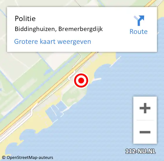 Locatie op kaart van de 112 melding: Politie Biddinghuizen, Bremerbergdijk op 8 augustus 2022 11:35