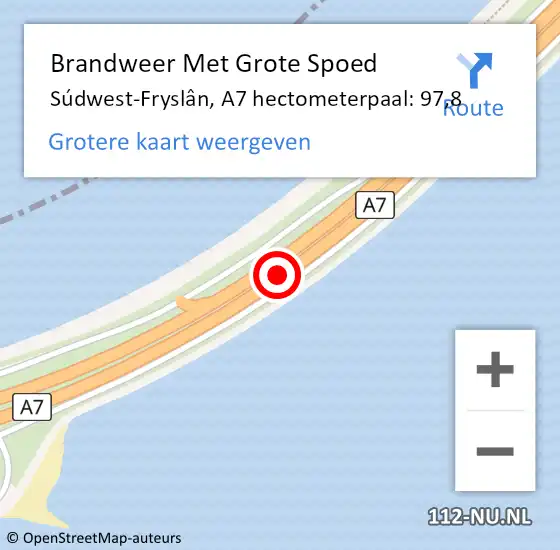 Locatie op kaart van de 112 melding: Brandweer Met Grote Spoed Naar Súdwest-Fryslân, A7 hectometerpaal: 97,8 op 8 augustus 2022 11:57