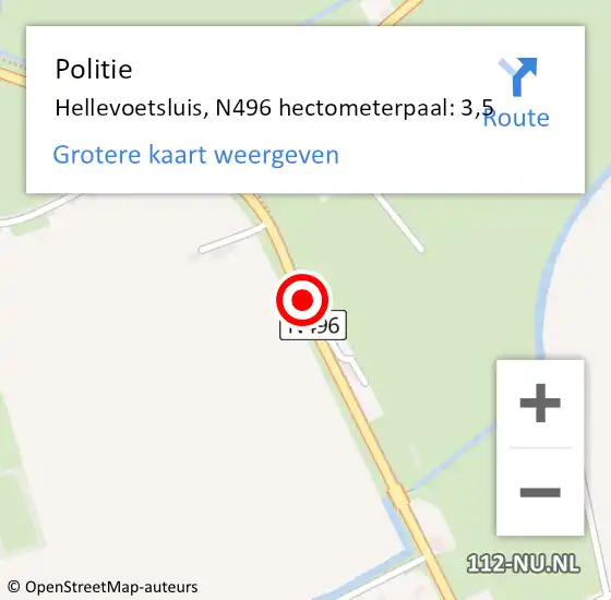 Locatie op kaart van de 112 melding: Politie Hellevoetsluis, N496 hectometerpaal: 3,5 op 8 augustus 2022 12:36