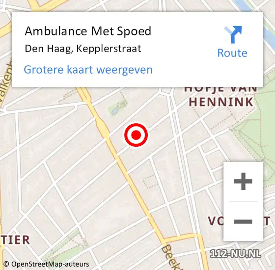Locatie op kaart van de 112 melding: Ambulance Met Spoed Naar Den Haag, Kepplerstraat op 8 augustus 2022 12:58