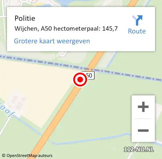 Locatie op kaart van de 112 melding: Politie Wijchen, A50 hectometerpaal: 145,7 op 8 augustus 2022 14:25