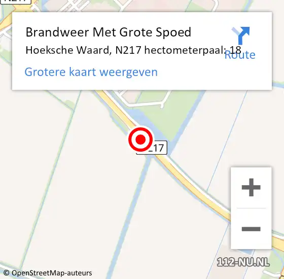 Locatie op kaart van de 112 melding: Brandweer Met Grote Spoed Naar Hoeksche Waard, N217 hectometerpaal: 18 op 8 augustus 2022 14:30