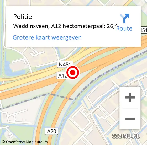 Locatie op kaart van de 112 melding: Politie Waddinxveen, A12 hectometerpaal: 26,4 op 8 augustus 2022 14:39