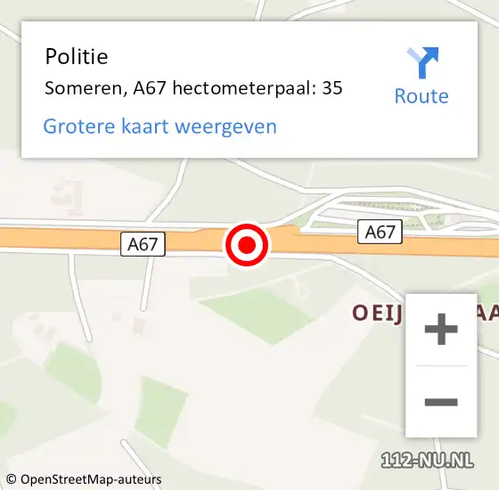 Locatie op kaart van de 112 melding: Politie Someren, A67 hectometerpaal: 35 op 8 augustus 2022 14:43