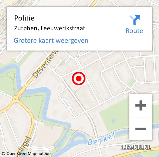 Locatie op kaart van de 112 melding: Politie Zutphen, Leeuwerikstraat op 8 augustus 2022 15:11