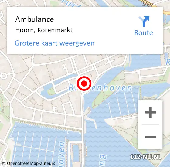 Locatie op kaart van de 112 melding: Ambulance Hoorn, Korenmarkt op 8 augustus 2022 15:27