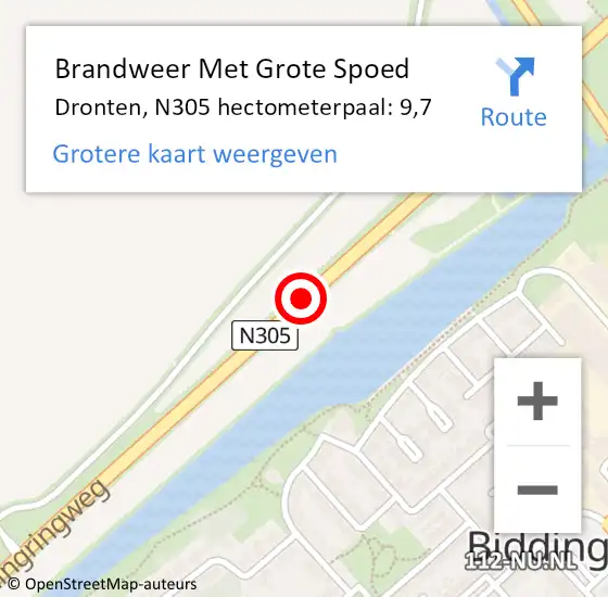 Locatie op kaart van de 112 melding: Brandweer Met Grote Spoed Naar Dronten, N305 hectometerpaal: 9,7 op 8 augustus 2022 15:54