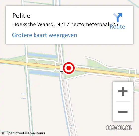 Locatie op kaart van de 112 melding: Politie Hoeksche Waard, N217 hectometerpaal: 25 op 8 augustus 2022 16:22