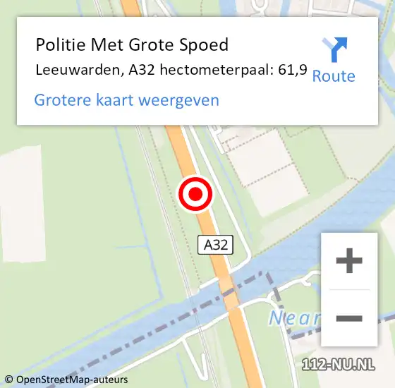 Locatie op kaart van de 112 melding: Politie Met Grote Spoed Naar Leeuwarden, A32 hectometerpaal: 61,9 op 8 augustus 2022 18:28