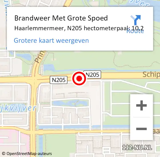 Locatie op kaart van de 112 melding: Brandweer Met Grote Spoed Naar Haarlemmermeer, N205 hectometerpaal: 10,2 op 8 augustus 2022 20:32