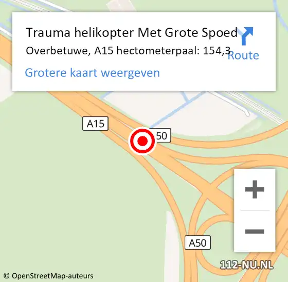 Locatie op kaart van de 112 melding: Trauma helikopter Met Grote Spoed Naar Overbetuwe, A15 hectometerpaal: 154,3 op 9 augustus 2022 00:20
