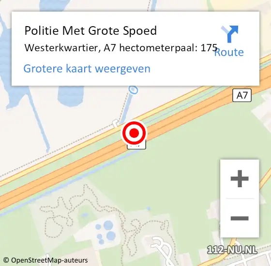 Locatie op kaart van de 112 melding: Politie Met Grote Spoed Naar Westerkwartier, A7 hectometerpaal: 175 op 9 augustus 2022 05:59