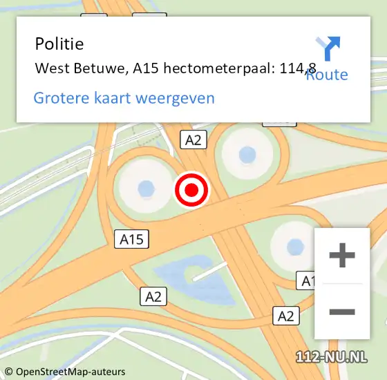 Locatie op kaart van de 112 melding: Politie West Betuwe, A15 hectometerpaal: 114,8 op 9 augustus 2022 07:40