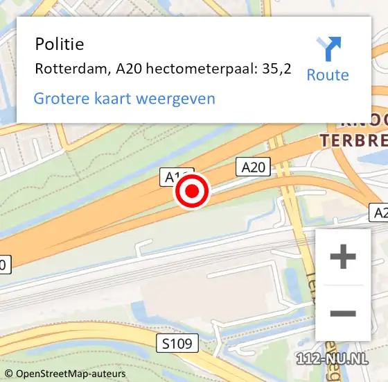 Locatie op kaart van de 112 melding: Politie Rotterdam, A20 hectometerpaal: 35,2 op 9 augustus 2022 08:16