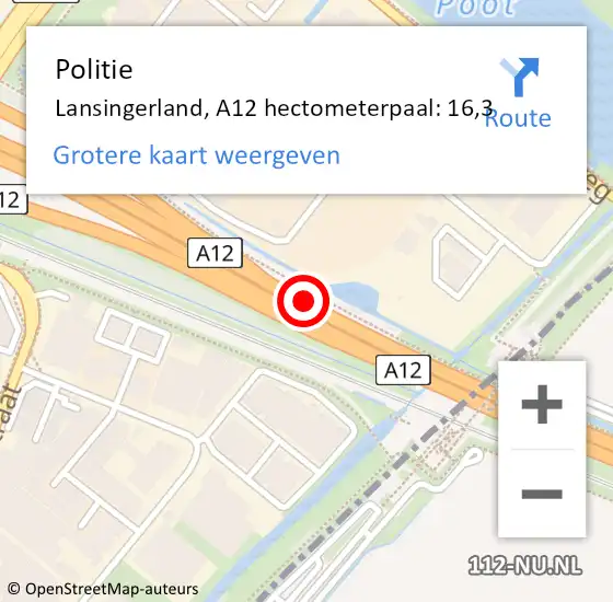 Locatie op kaart van de 112 melding: Politie Lansingerland, A12 hectometerpaal: 16,3 op 9 augustus 2022 09:14