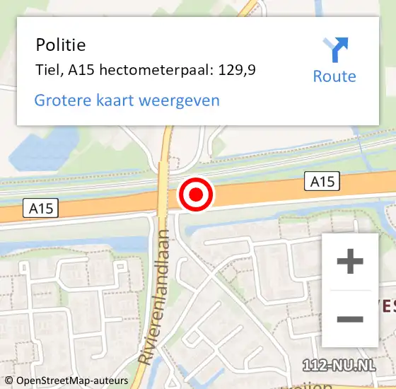 Locatie op kaart van de 112 melding: Politie Tiel, A15 hectometerpaal: 129,9 op 9 augustus 2022 09:33