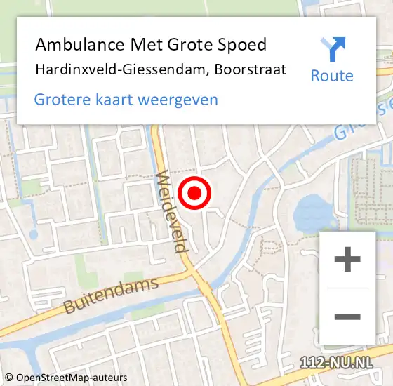 Locatie op kaart van de 112 melding: Ambulance Met Grote Spoed Naar Hardinxveld-Giessendam, Boorstraat op 9 augustus 2022 09:53