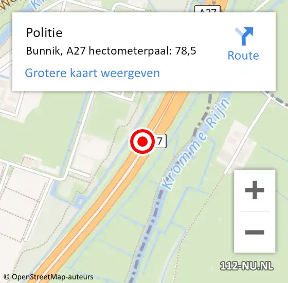 Locatie op kaart van de 112 melding: Politie Bunnik, A27 hectometerpaal: 78,5 op 9 augustus 2022 10:40