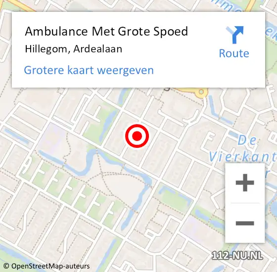 Locatie op kaart van de 112 melding: Ambulance Met Grote Spoed Naar Hillegom, Ardealaan op 9 augustus 2022 11:46