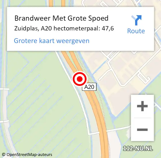 Locatie op kaart van de 112 melding: Brandweer Met Grote Spoed Naar Zuidplas, A20 hectometerpaal: 47,6 op 9 augustus 2022 12:16