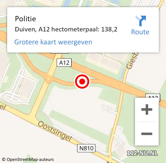 Locatie op kaart van de 112 melding: Politie Duiven, A12 hectometerpaal: 138,2 op 9 augustus 2022 12:30