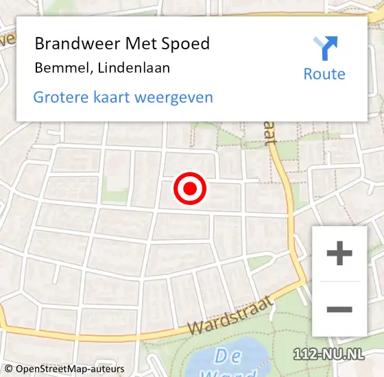 Locatie op kaart van de 112 melding: Brandweer Met Spoed Naar Bemmel, Lindenlaan op 9 augustus 2022 12:48