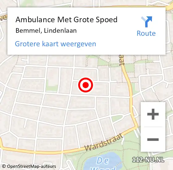 Locatie op kaart van de 112 melding: Ambulance Met Grote Spoed Naar Bemmel, Lindenlaan op 9 augustus 2022 13:12