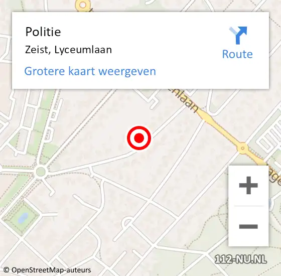 Locatie op kaart van de 112 melding: Politie Zeist, Lyceumlaan op 9 augustus 2022 13:17