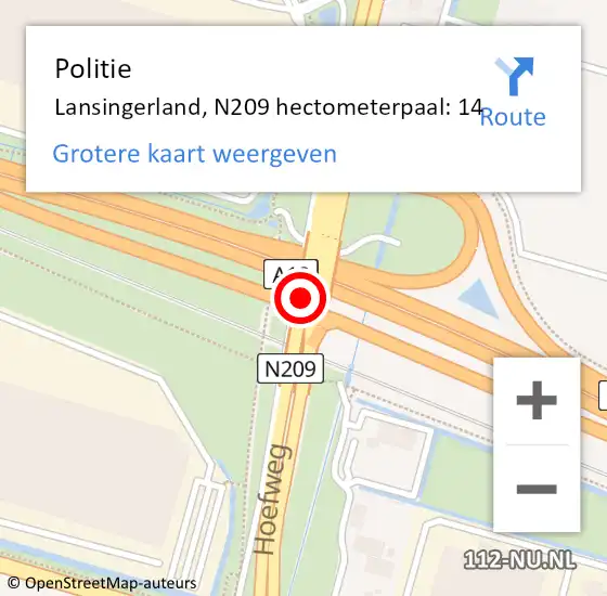 Locatie op kaart van de 112 melding: Politie Lansingerland, N209 hectometerpaal: 14 op 9 augustus 2022 13:50