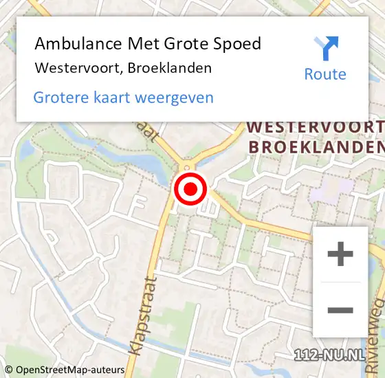 Locatie op kaart van de 112 melding: Ambulance Met Grote Spoed Naar Westervoort, Broeklanden op 9 augustus 2022 15:51