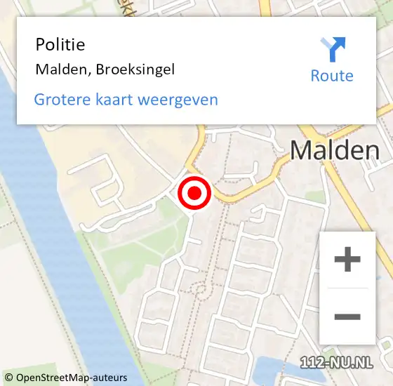 Locatie op kaart van de 112 melding: Politie Malden, Broeksingel op 9 augustus 2022 16:06