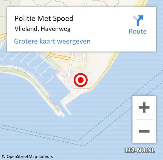 Locatie op kaart van de 112 melding: Politie Met Spoed Naar Vlieland, Havenweg op 9 augustus 2022 16:12