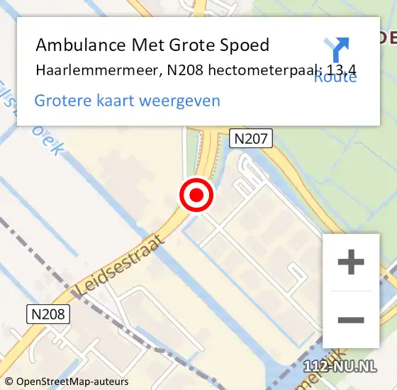 Locatie op kaart van de 112 melding: Ambulance Met Grote Spoed Naar Haarlemmermeer, N208 hectometerpaal: 13,4 op 9 augustus 2022 16:14