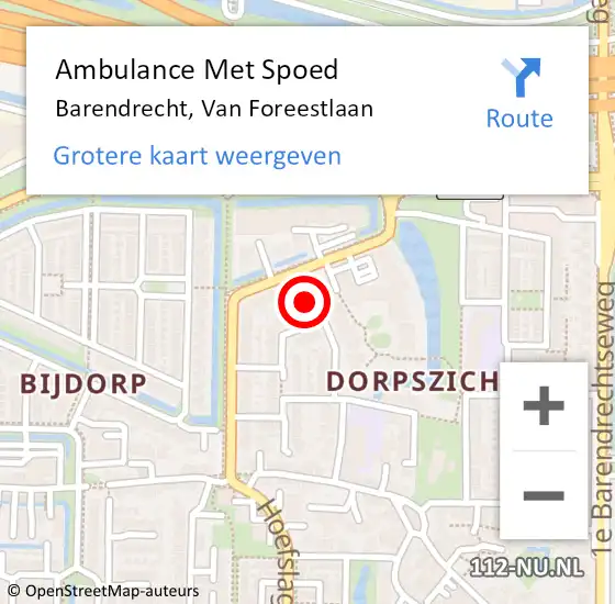 Locatie op kaart van de 112 melding: Ambulance Met Spoed Naar Barendrecht, Van Foreestlaan op 9 augustus 2022 16:18