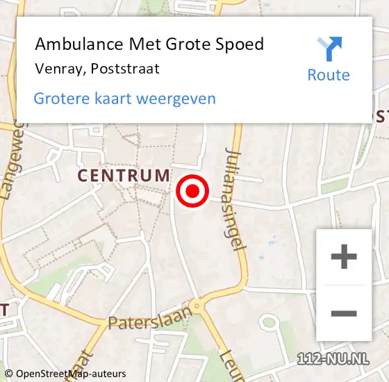 Locatie op kaart van de 112 melding: Ambulance Met Grote Spoed Naar Venray, Poststraat op 9 augustus 2022 17:49