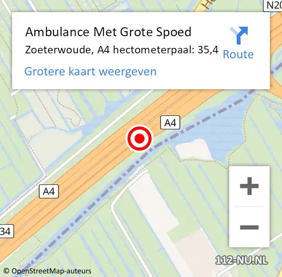 Locatie op kaart van de 112 melding: Ambulance Met Grote Spoed Naar Zoeterwoude, A4 hectometerpaal: 35,4 op 9 augustus 2022 18:24