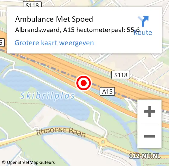 Locatie op kaart van de 112 melding: Ambulance Met Spoed Naar Barendrecht, A15 hectometerpaal: 55,6 op 9 augustus 2022 18:30