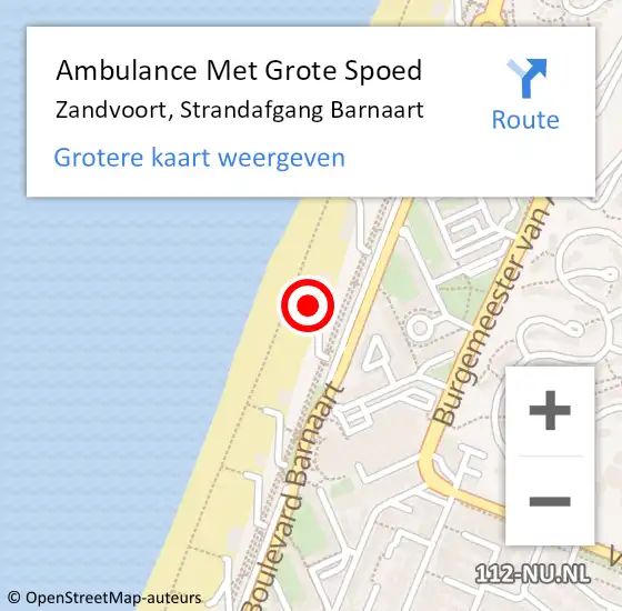 Locatie op kaart van de 112 melding: Ambulance Met Grote Spoed Naar Zandvoort, Strandafgang Barnaart op 9 augustus 2022 18:55