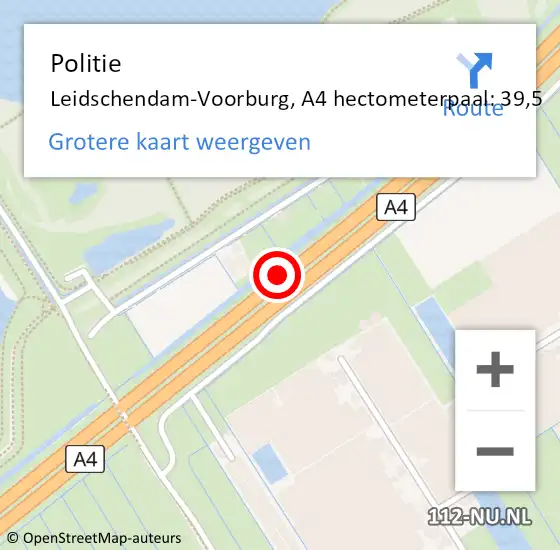 Locatie op kaart van de 112 melding: Politie Leidschendam-Voorburg, A4 hectometerpaal: 39,5 op 9 augustus 2022 19:00