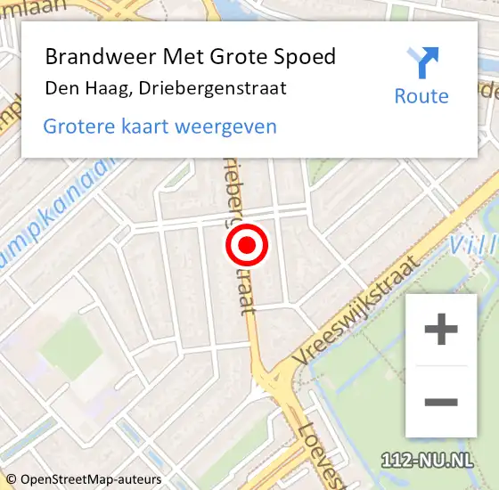 Locatie op kaart van de 112 melding: Brandweer Met Grote Spoed Naar Den Haag, Driebergenstraat op 9 augustus 2022 19:16