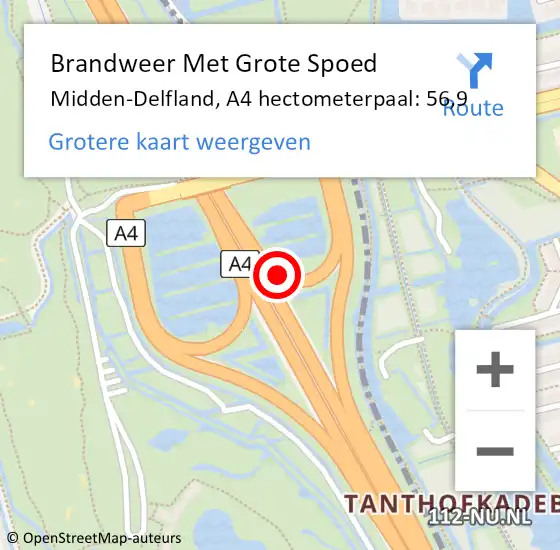 Locatie op kaart van de 112 melding: Brandweer Met Grote Spoed Naar Delft, A4 hectometerpaal: 56,9 op 9 augustus 2022 21:59
