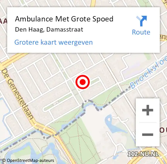 Locatie op kaart van de 112 melding: Ambulance Met Grote Spoed Naar Den Haag, Damasstraat op 9 augustus 2022 22:14