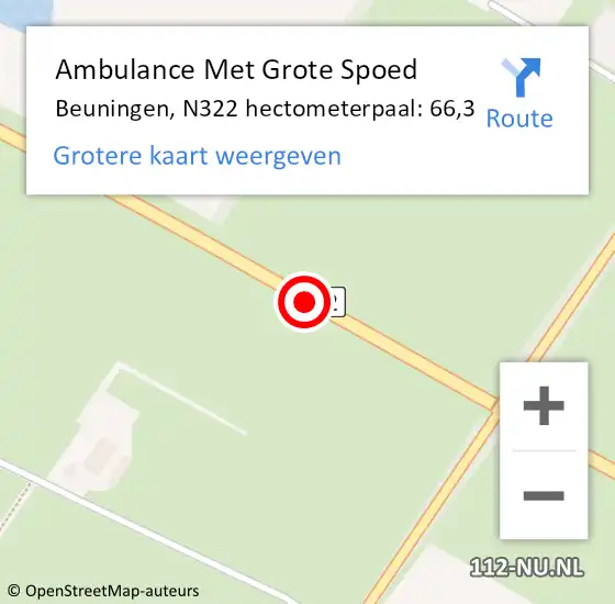 Locatie op kaart van de 112 melding: Ambulance Met Grote Spoed Naar Beuningen, N322 hectometerpaal: 66,3 op 9 augustus 2022 22:24