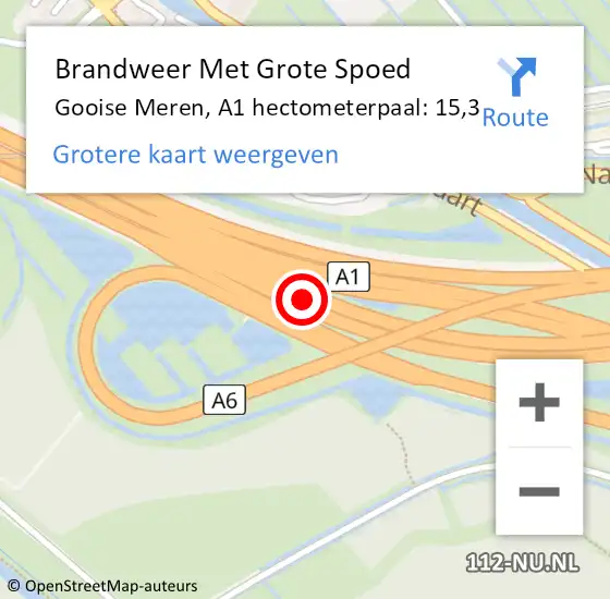 Locatie op kaart van de 112 melding: Brandweer Met Grote Spoed Naar Gooise Meren, A1 hectometerpaal: 15,3 op 9 augustus 2022 22:39