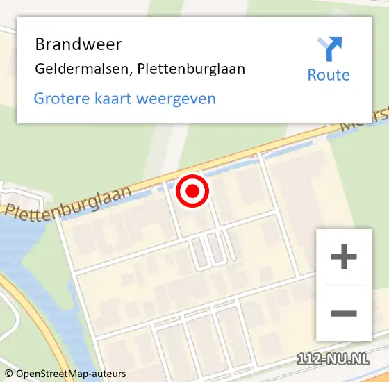 Locatie op kaart van de 112 melding: Brandweer Geldermalsen, Plettenburglaan op 9 augustus 2022 22:47