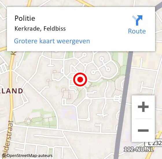 Locatie op kaart van de 112 melding: Politie Kerkrade, Feldbiss op 10 augustus 2022 00:16