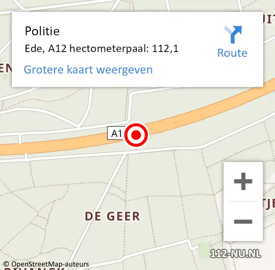Locatie op kaart van de 112 melding: Politie Ede, A12 hectometerpaal: 112,1 op 10 augustus 2022 02:14